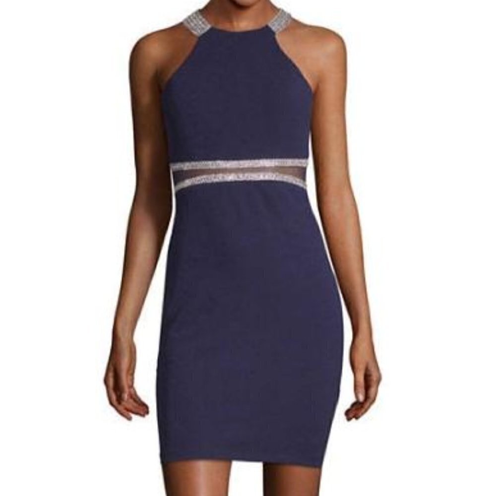 NEW My Michelle Rhinestone Dress Mesh Cutouts High Neck Halter Navy Blue Size 1